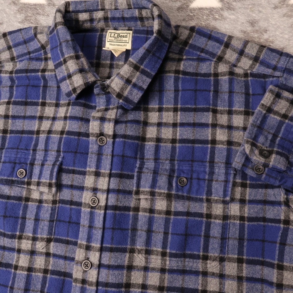LL Bean Mens XXL Blue Grey Plaid Flannel Shirt Traditional Fit 277981
